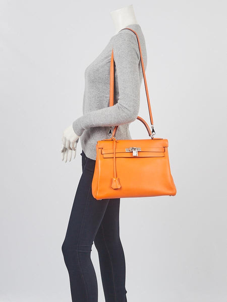 HERMES 32cm Orange Swift Leather Kelly Retourne Shoulder Bag