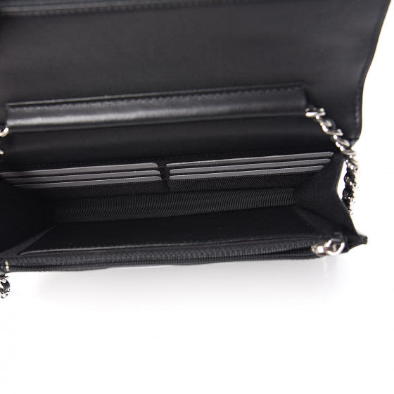 CHANEL Black Chevron Leather Wallet On A Chain Shoulder Bag