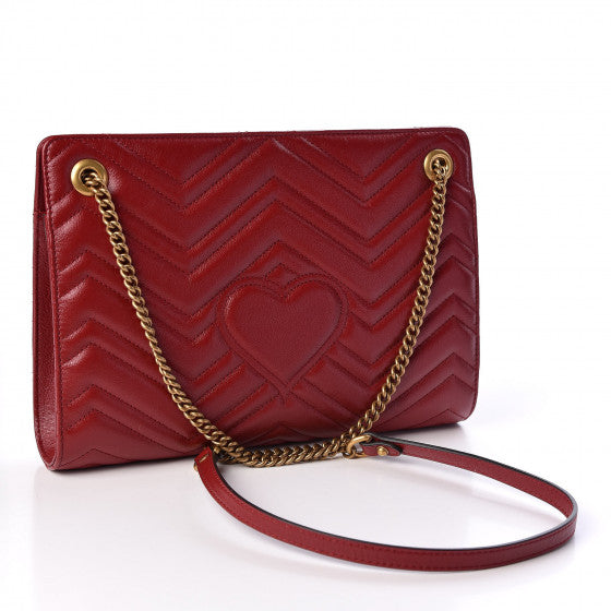 GUCCI Cherry Red Chevron Leather Marmont Shoulder Bag