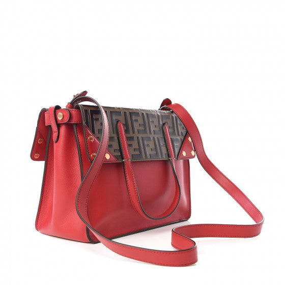 FENDI Red Leather & Zucca Tote Bag
