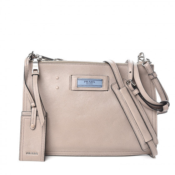 PRADA Beige Leather Double Zip Crossbody Bag
