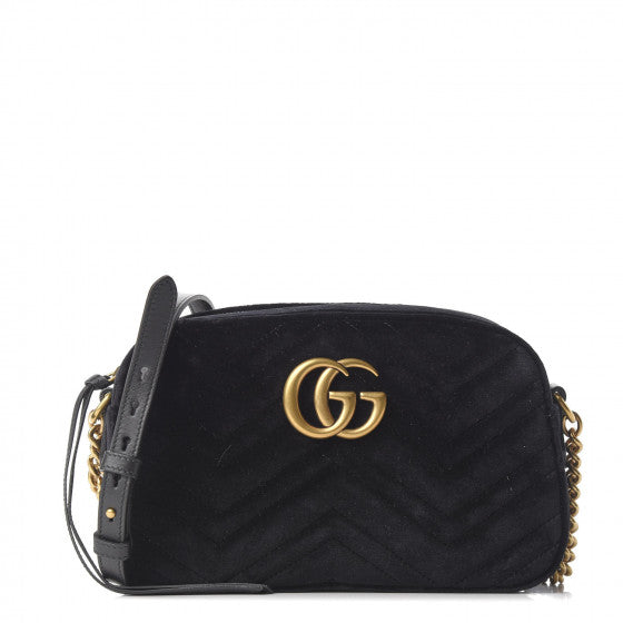 GUCCI Black Velvet & Leather Small Marmont Shoulder Bag