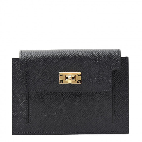 HERMES Black Leather Epsom Kelly Compact Wallet