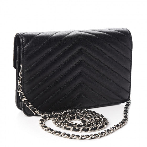 CHANEL Black Chevron Leather Wallet On A Chain Shoulder Bag