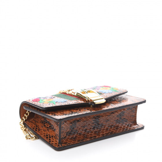 GUCCI Multicolor Snakeskin Floral Embroidered Sylvie Shoulder Bag