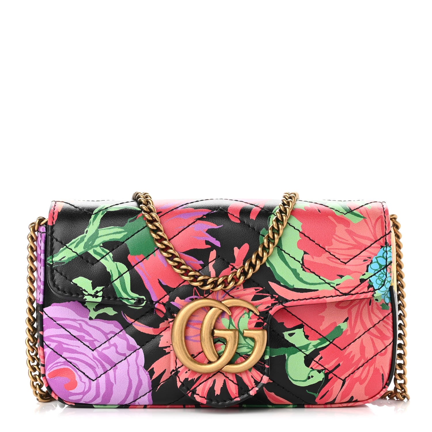 GUCCI Floral Print Leather Marmont Crossbody Bag