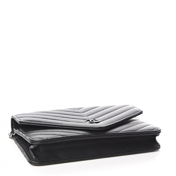 CHANEL Black Chevron Leather Wallet On A Chain Shoulder Bag